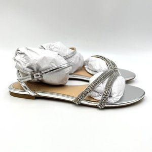 Jewel Badgley Mischka Size 7‎ Roslyn Silver Metallic Jeweled Dress Flats Shoes